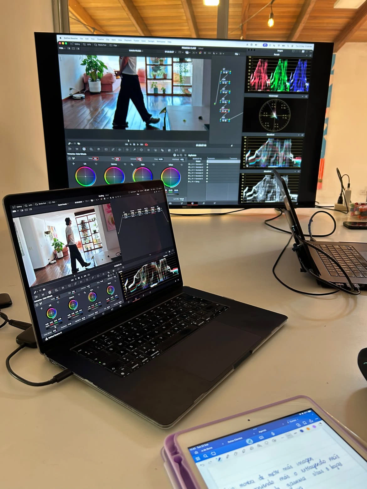 Pantallas de DaVinci Resolve con scopes y controles de color durante una clase.